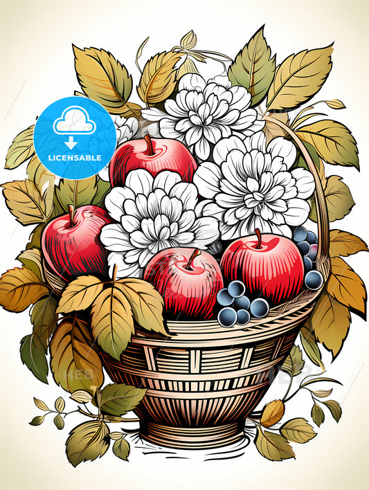 Basket Of Apples And Flowers