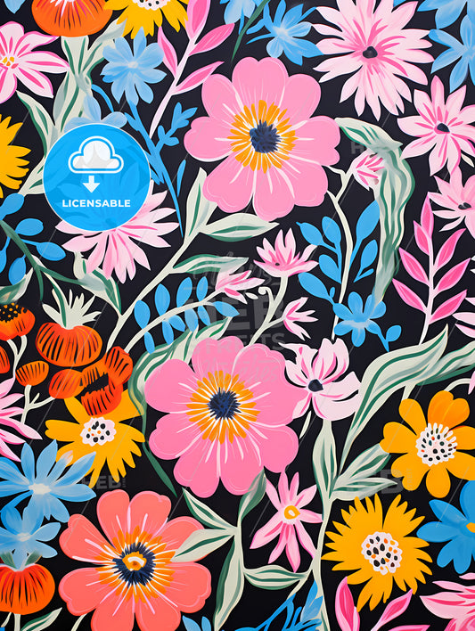 Colorful Floral Pattern On A Black Background