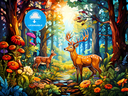 Cartoon Of Deer In A Forest