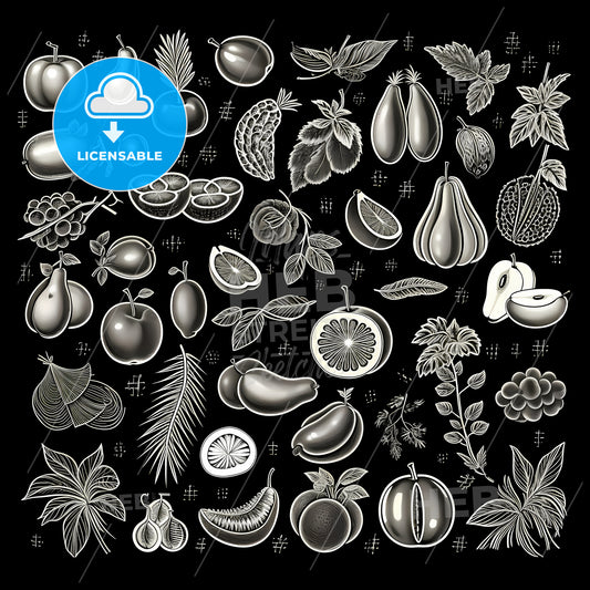 Black And White Image Of Various Fruits