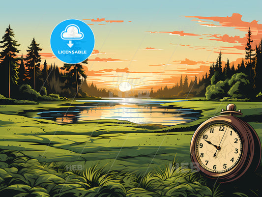 Clock On The Grass By A Lake