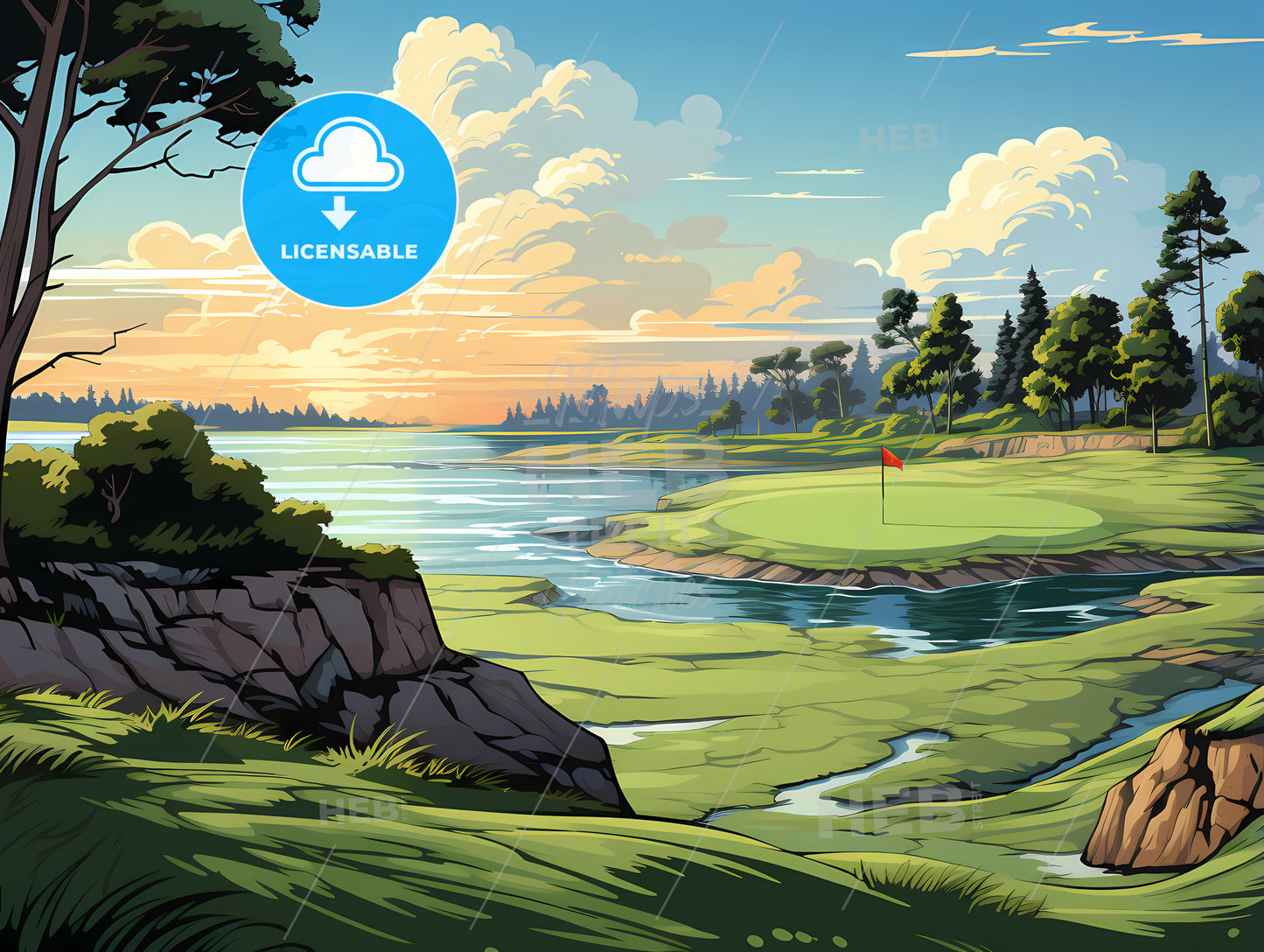 Golf Course With A River And Trees