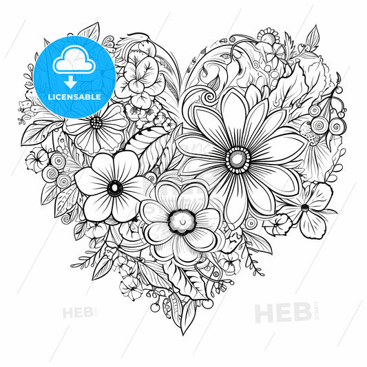 Heart Shaped Black And White Drawing Of Flowers