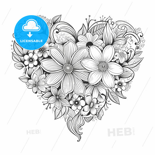 Heart Shaped Black And White Drawing Of Flowers
