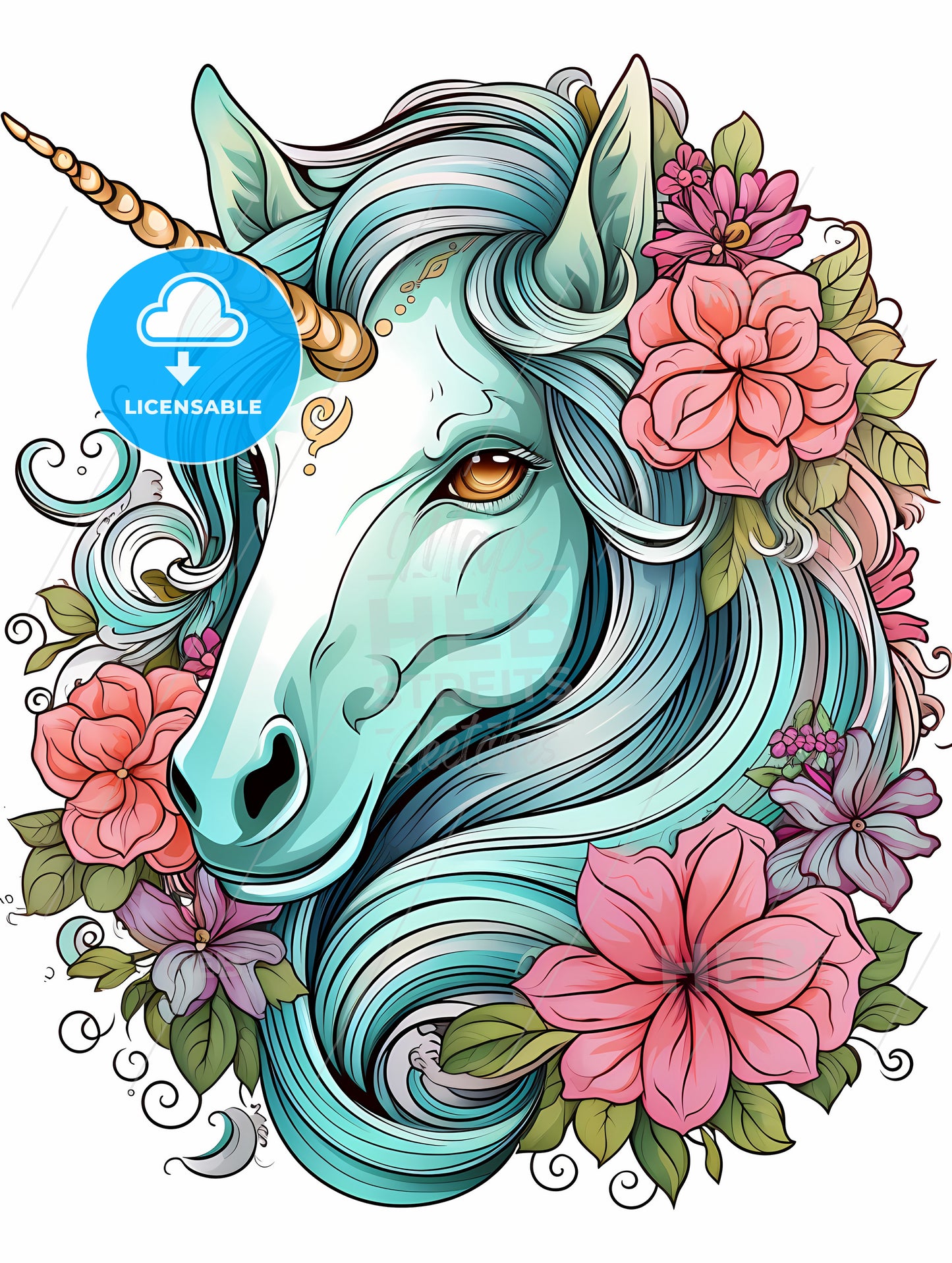 Unicorn With Flowers And Leaves