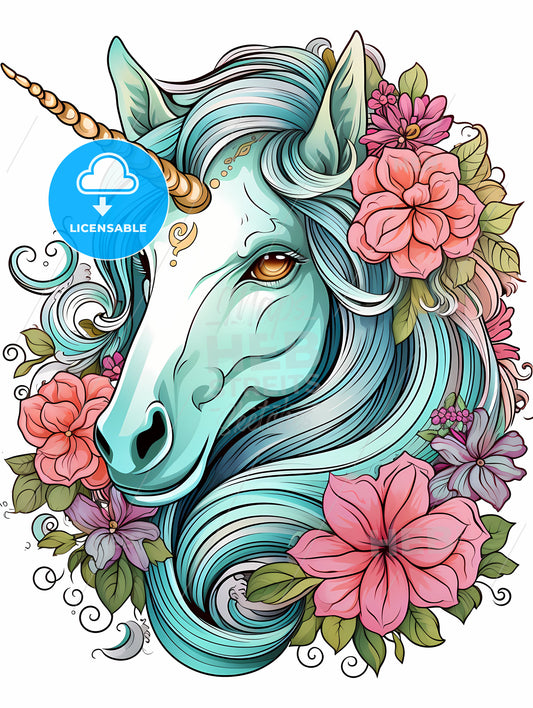 Unicorn With Flowers And Leaves