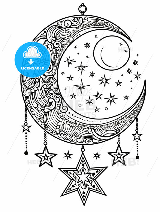 Black And White Drawing Of A Moon And Stars