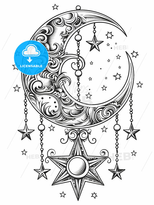 Black And White Drawing Of A Moon And Stars
