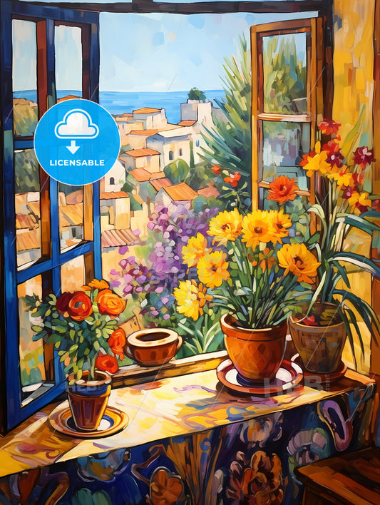 Painting Of Flowers On A Window Sill