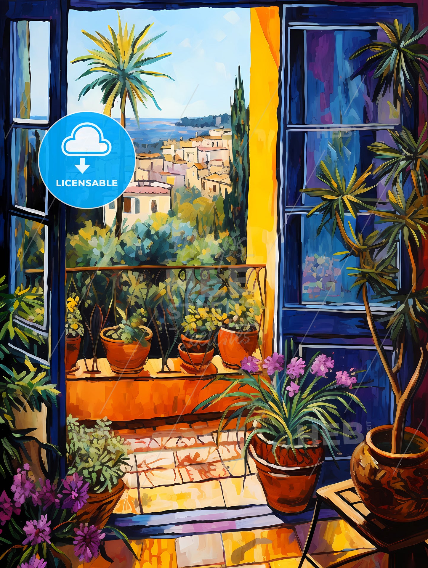 Painting Of A Balcony With Plants And Trees