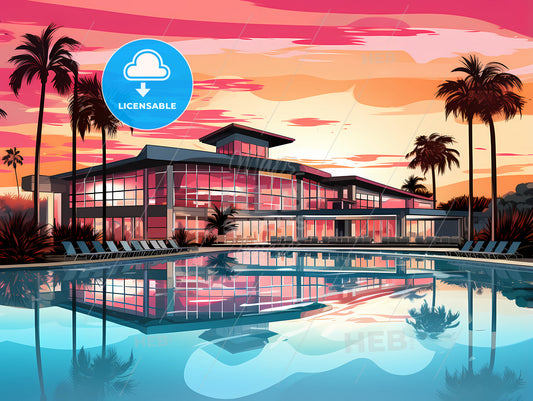 Pool With Palm Trees And A Building With A Pink Sky