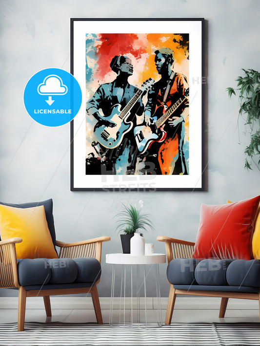 Painting Of Two Men Playing Guitars In A Room