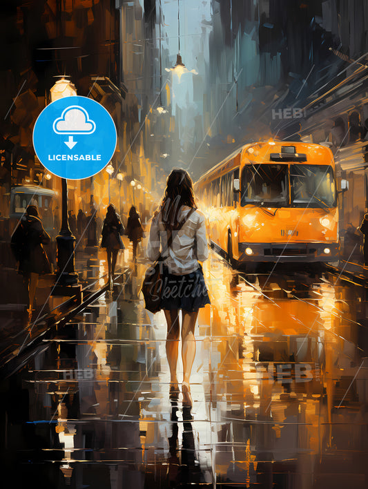 Woman Walking On A Wet Street With A Bus In The Background