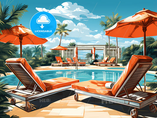 Pool With Lounge Chairs And Umbrellas