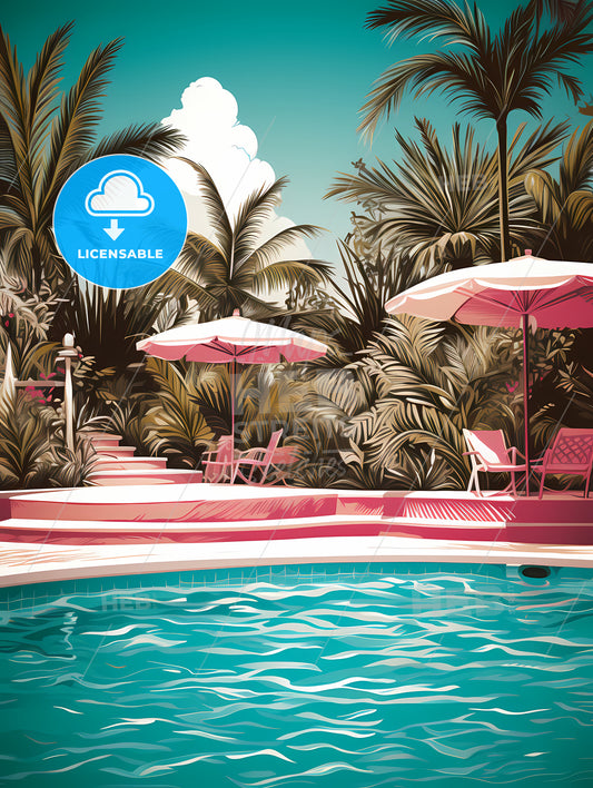 Pool With Pink Chairs And Umbrellas