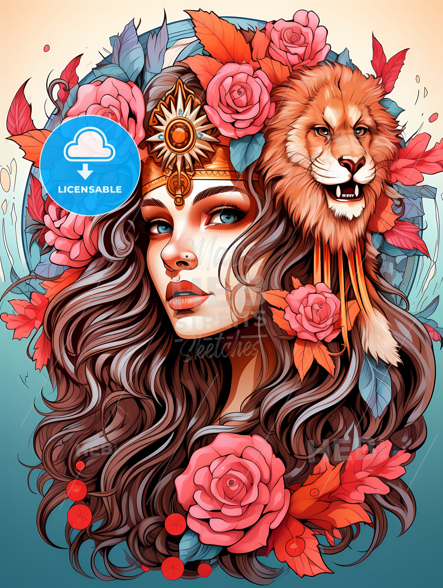 Woman With A Lion Headband And Roses