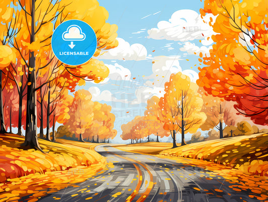 Road With Yellow Trees And Blue Sky