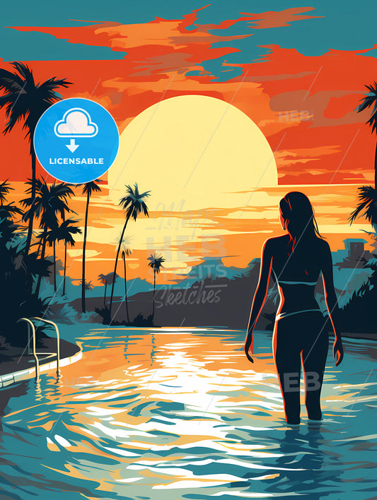 Woman Standing In Water With Palm Trees And A Sunset