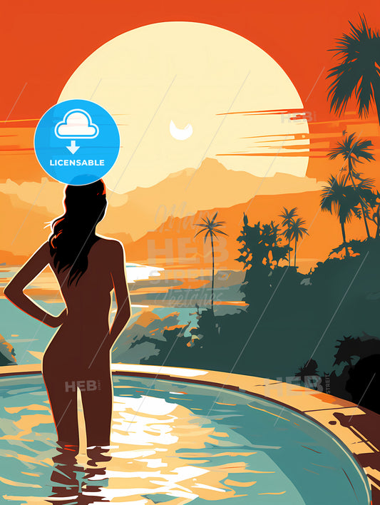 Woman Standing In Front Of A Pool With A Sunset