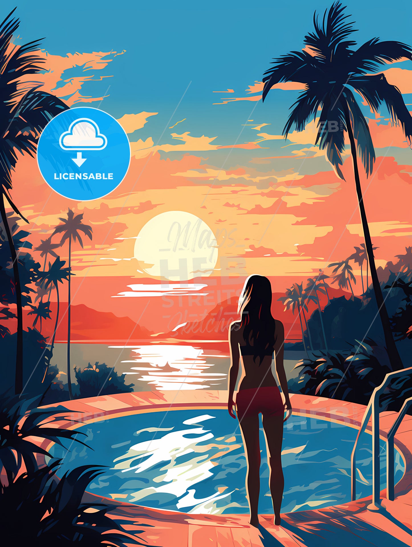 Woman Standing In A Pool With Palm Trees And A Sunset