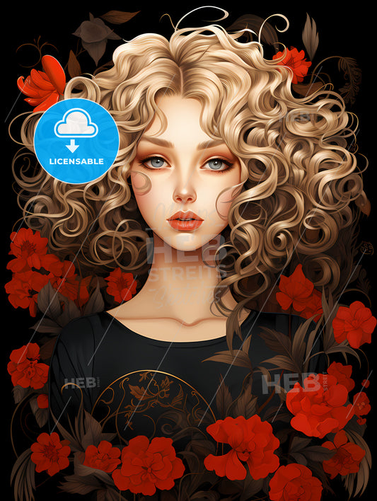 Woman With Curly Blonde Hair And Red Flowers