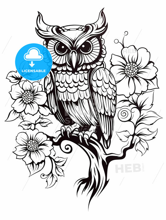 Black And White Drawing Of An Owl On A Branch With Flowers