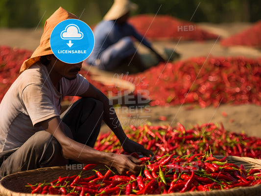 Man Sitting In A Basket With Red Peppers