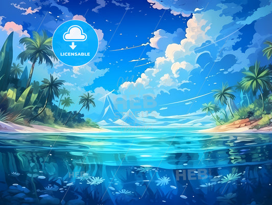 Water Body With Palm Trees And Mountains