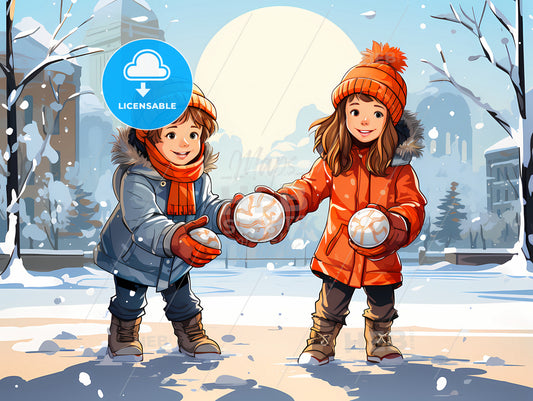Cartoon Children Holding Snowballs In The Snow
