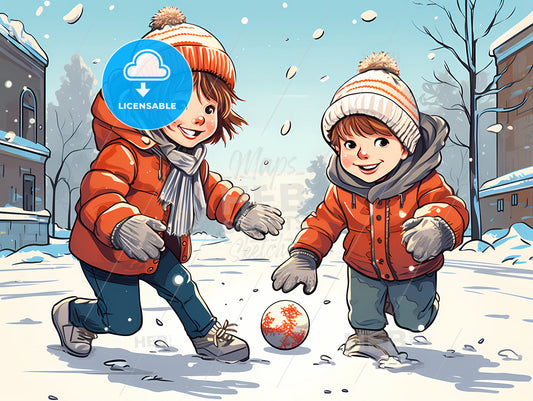 Cartoon Children Playing With A Ball In The Snow