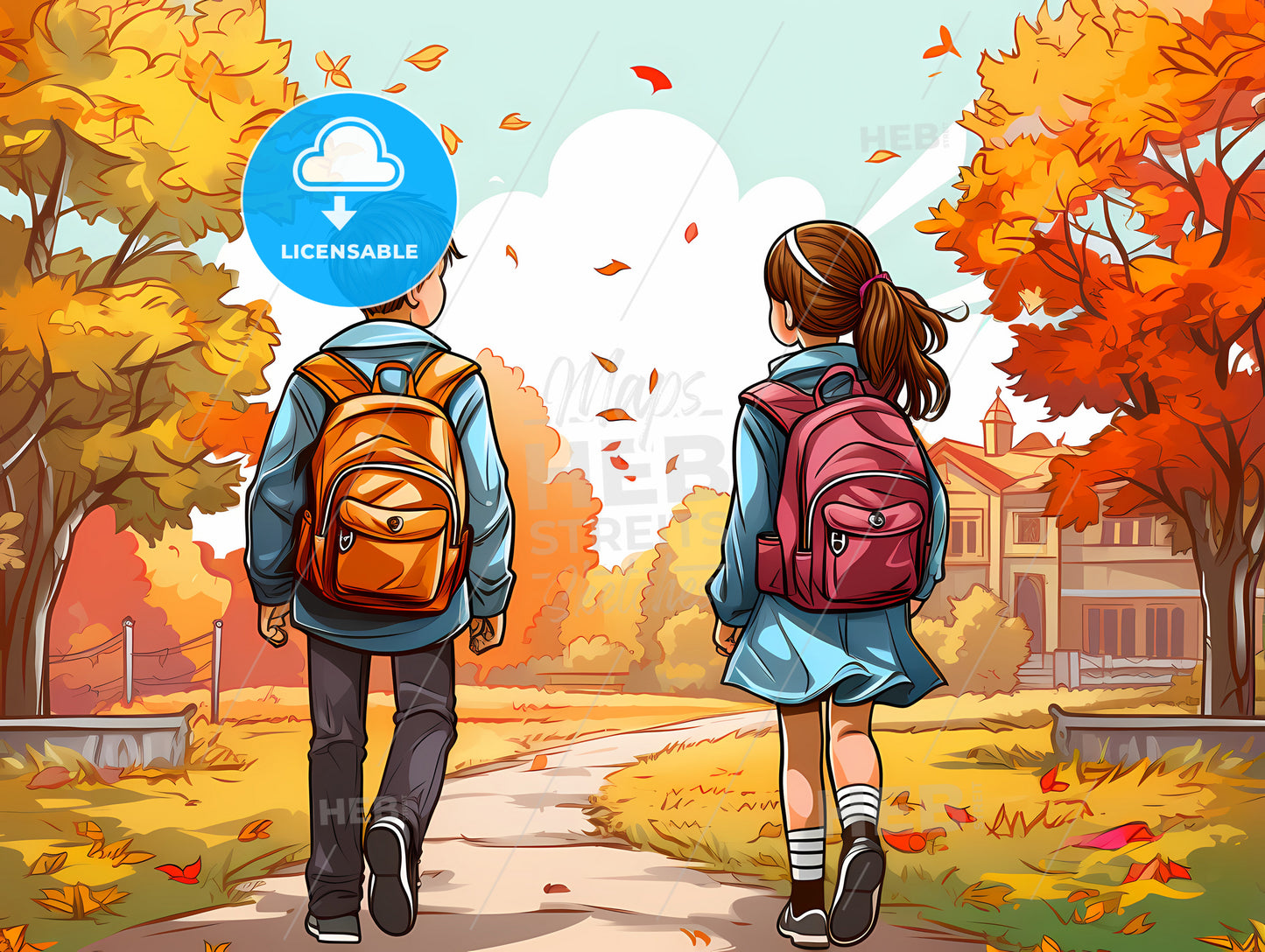 Cartoon Of Kids Walking Down A Path With Leaves Falling