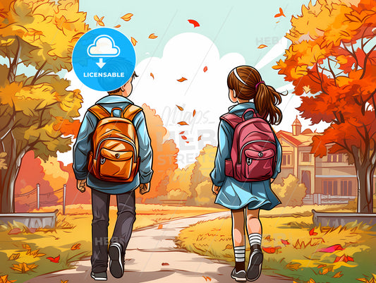 Cartoon Of Kids Walking Down A Path With Leaves Falling