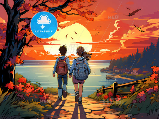 Boy And Girl Walking On A Path With A Sunset