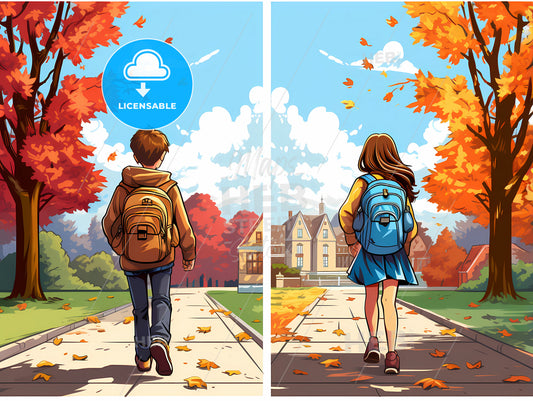 Cartoon Of A Boy And Girl Walking On A Sidewalk
