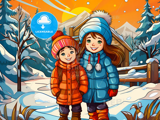 Cartoon Of Two Children In Winter Clothes