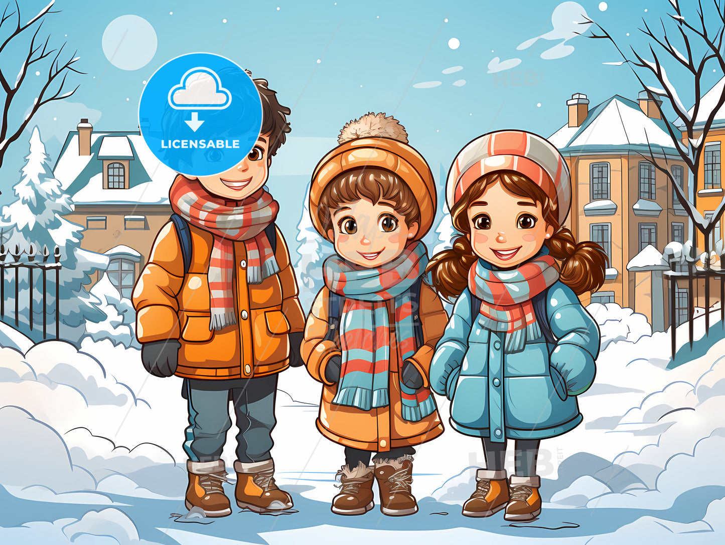 Cartoon Of Kids In Winter Clothes In Snow