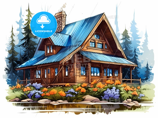 House With A Blue Roof Surrounded By Flowers