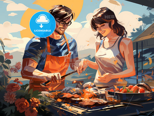 Man And Woman Cooking Food On A Grill