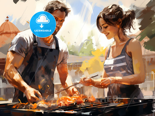 Man And Woman Cooking Food On A Grill