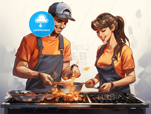 Man And Woman Cooking Food On A Grill