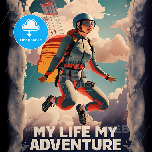 My Life, My Adventure - A Woman In A Helmet And Helmet Jumping In The Air With A Parachute
