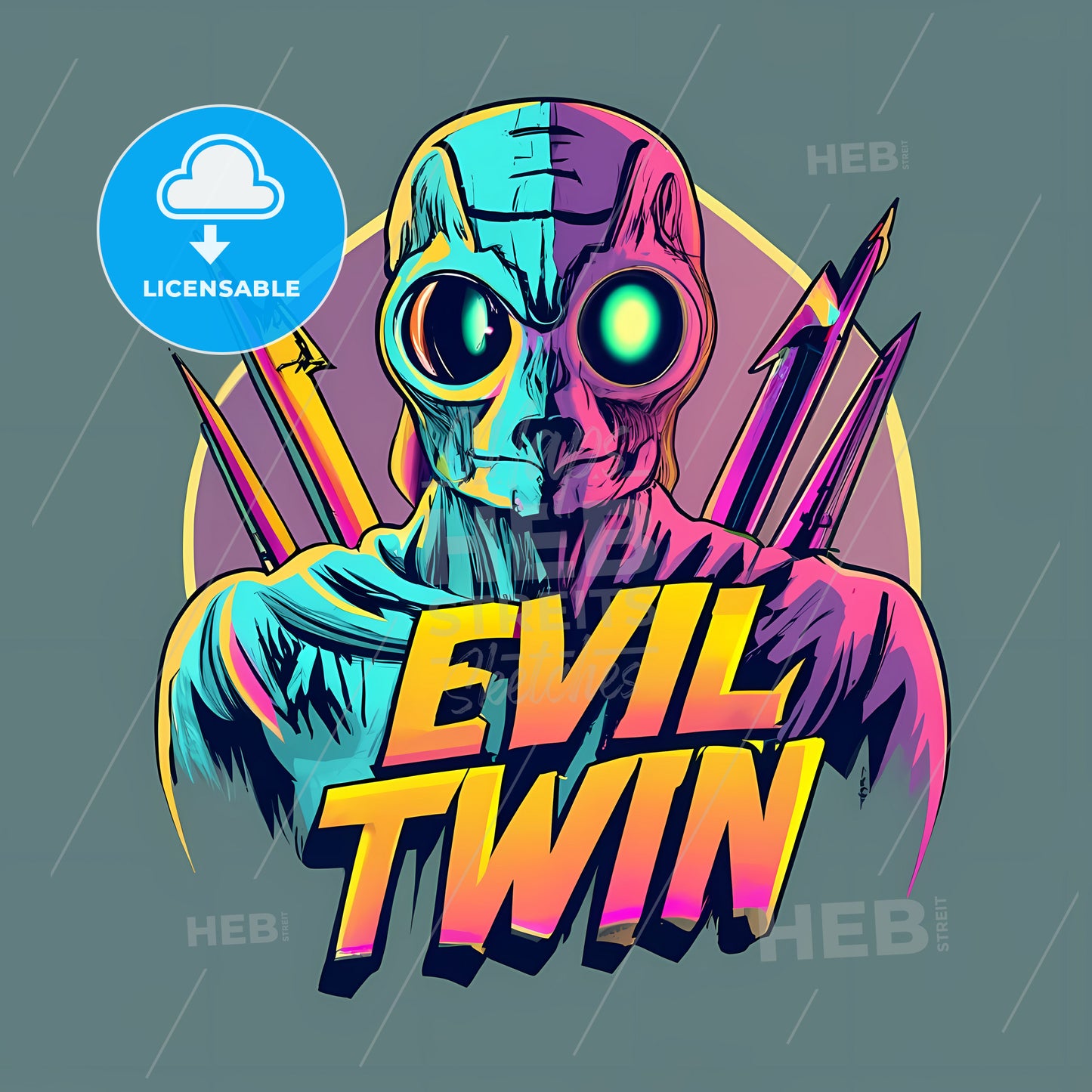 Evil Twin - A Cartoon Of A Alien With A Sign And Arrows