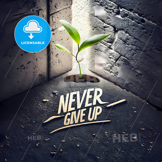 Never Give Up - A Plant Growing Out Of A Hole In A Concrete Room