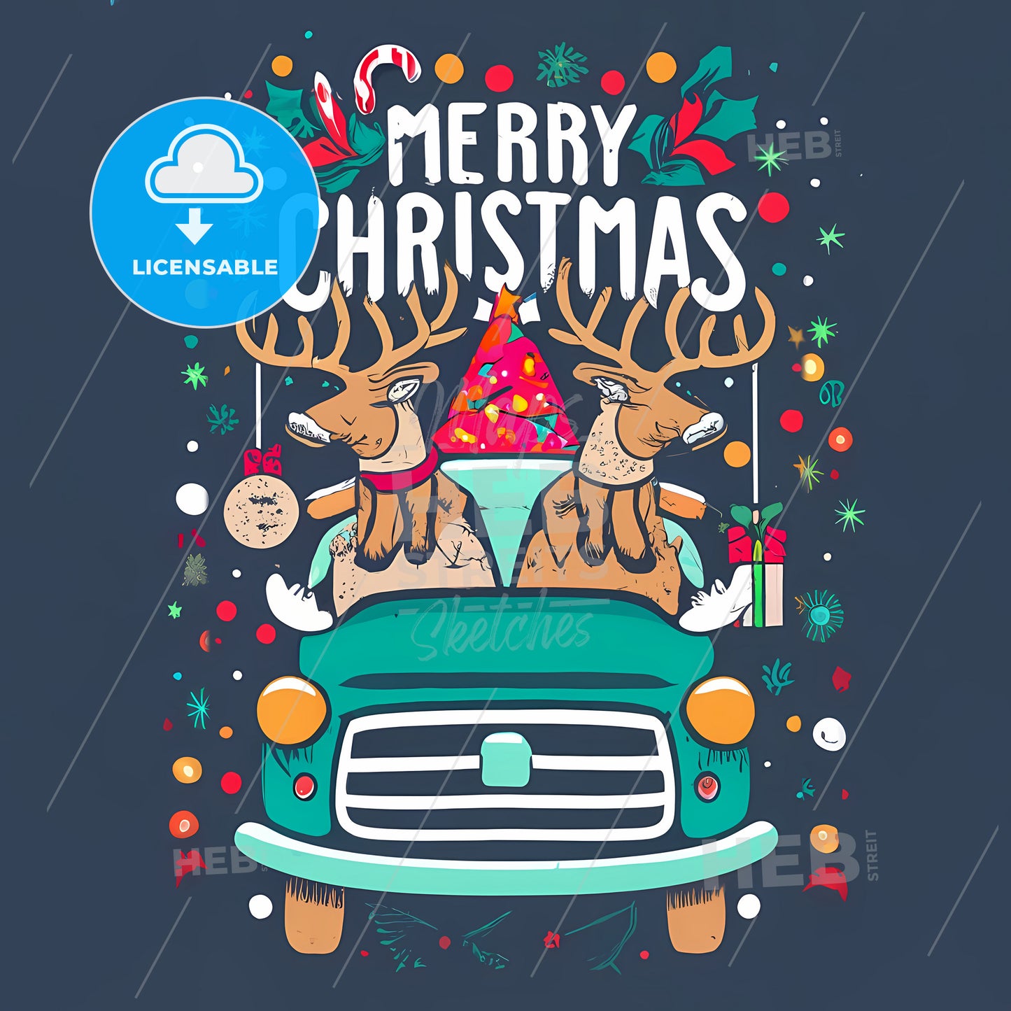 Merry Christmas - A Cartoon Of Reindeer In A Car
