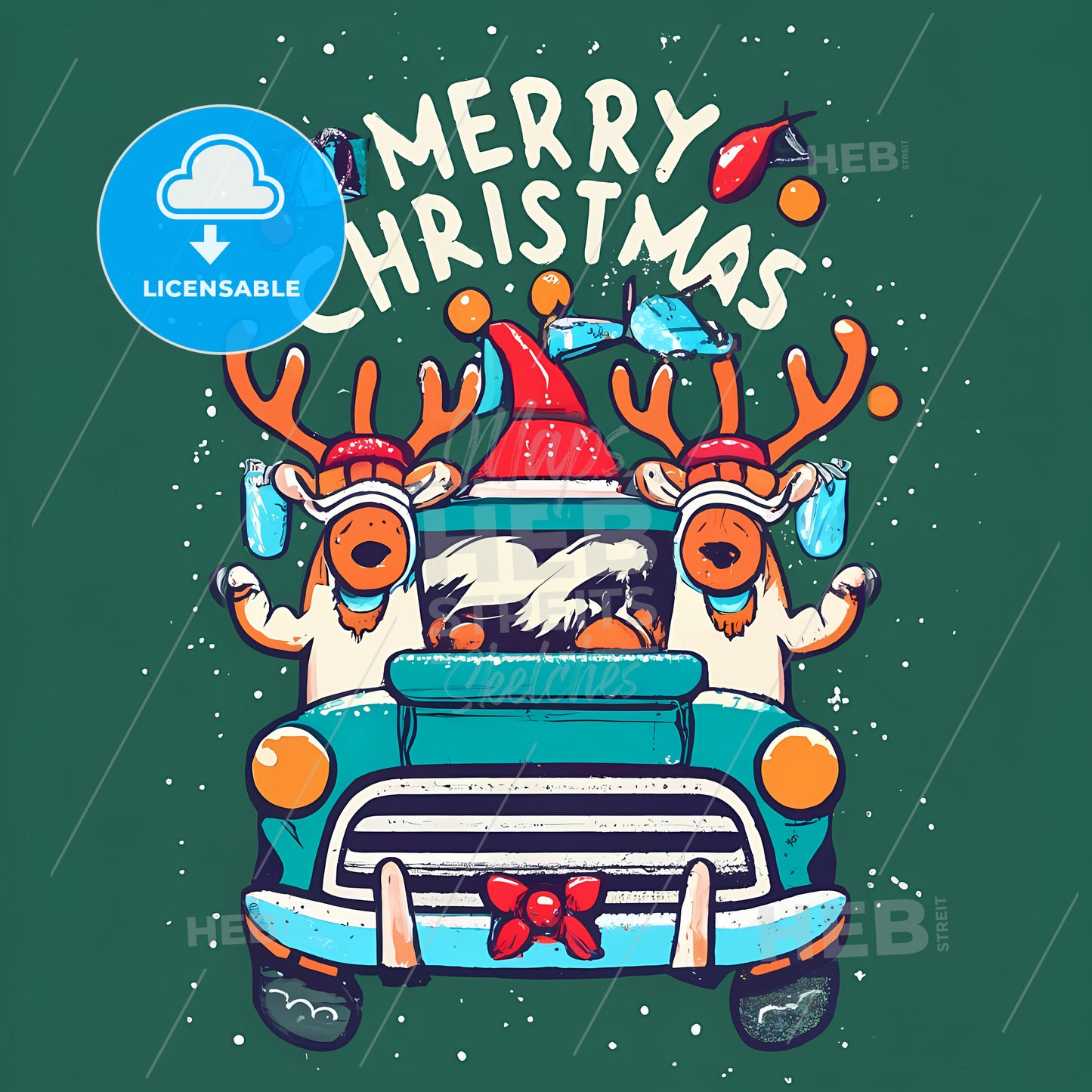 Merry Christmas - A Cartoon Of Reindeers Driving A Car