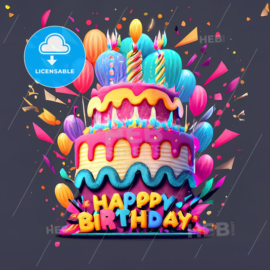 Happy Birthday - A Colorful Birthday Cake With Balloons And Confetti