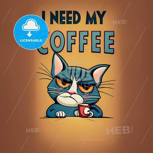I Need My Coffee - A Cartoon Of A Cat Holding A Cup Of Coffee