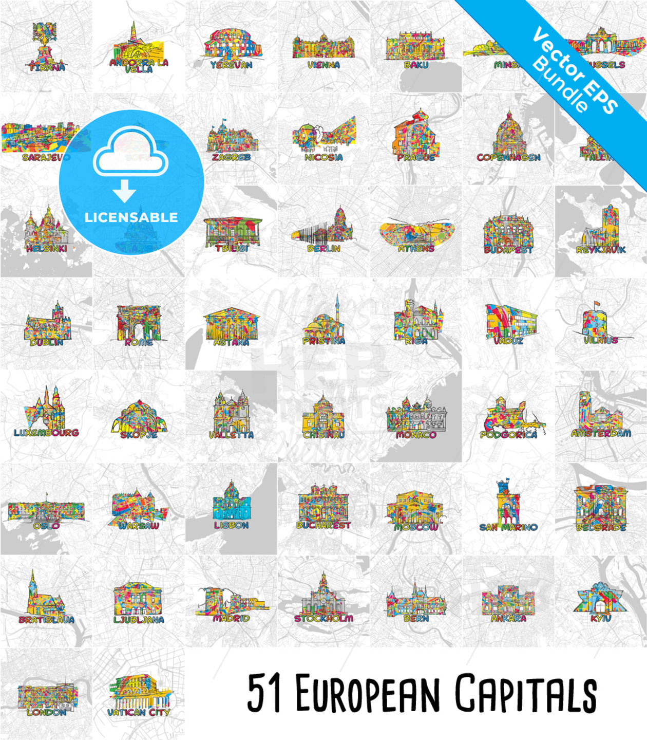 51 European Capital Cities, Famous Architecture and Maps. – instant download