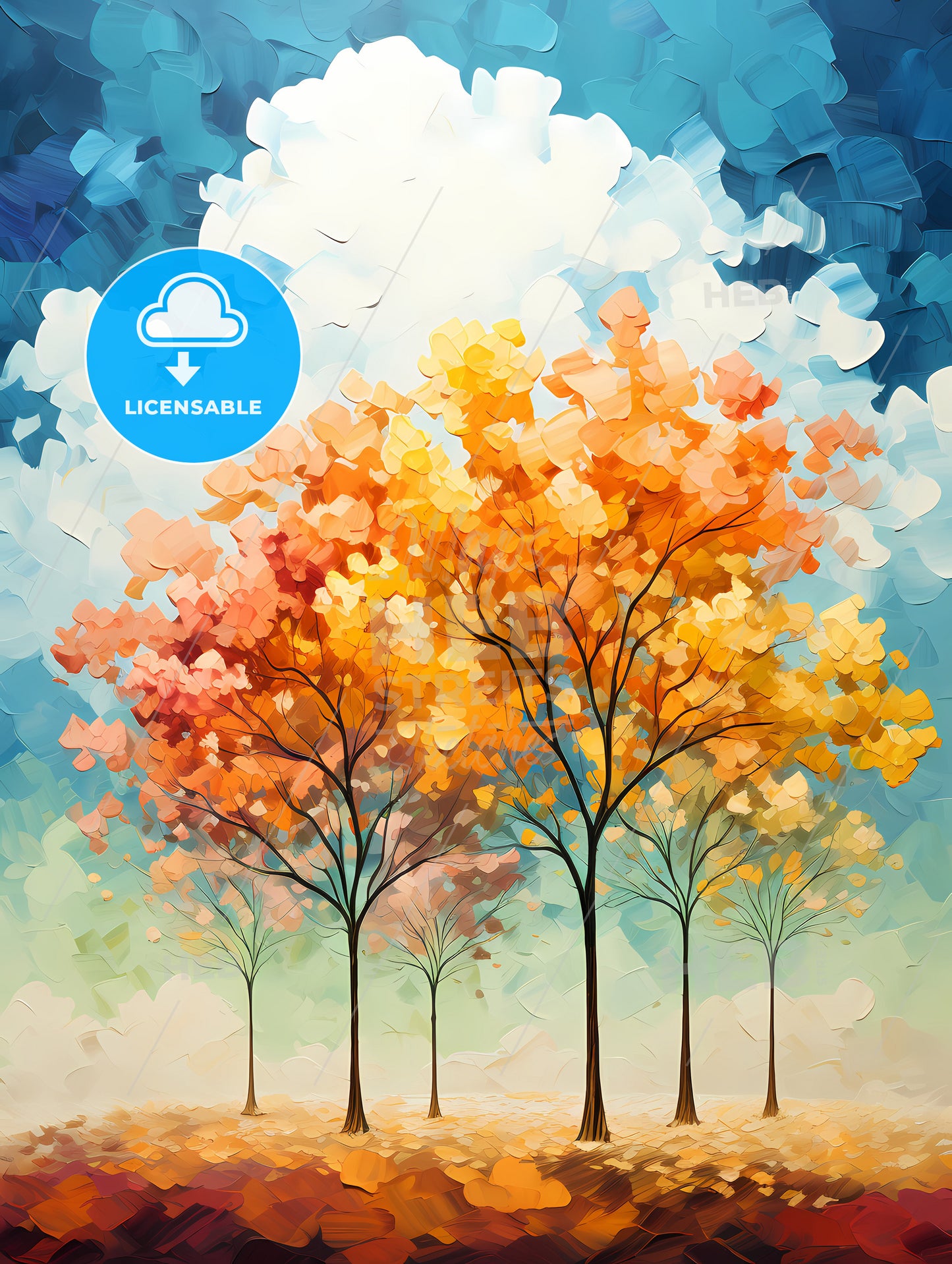 Background of 5 trees and blue sky