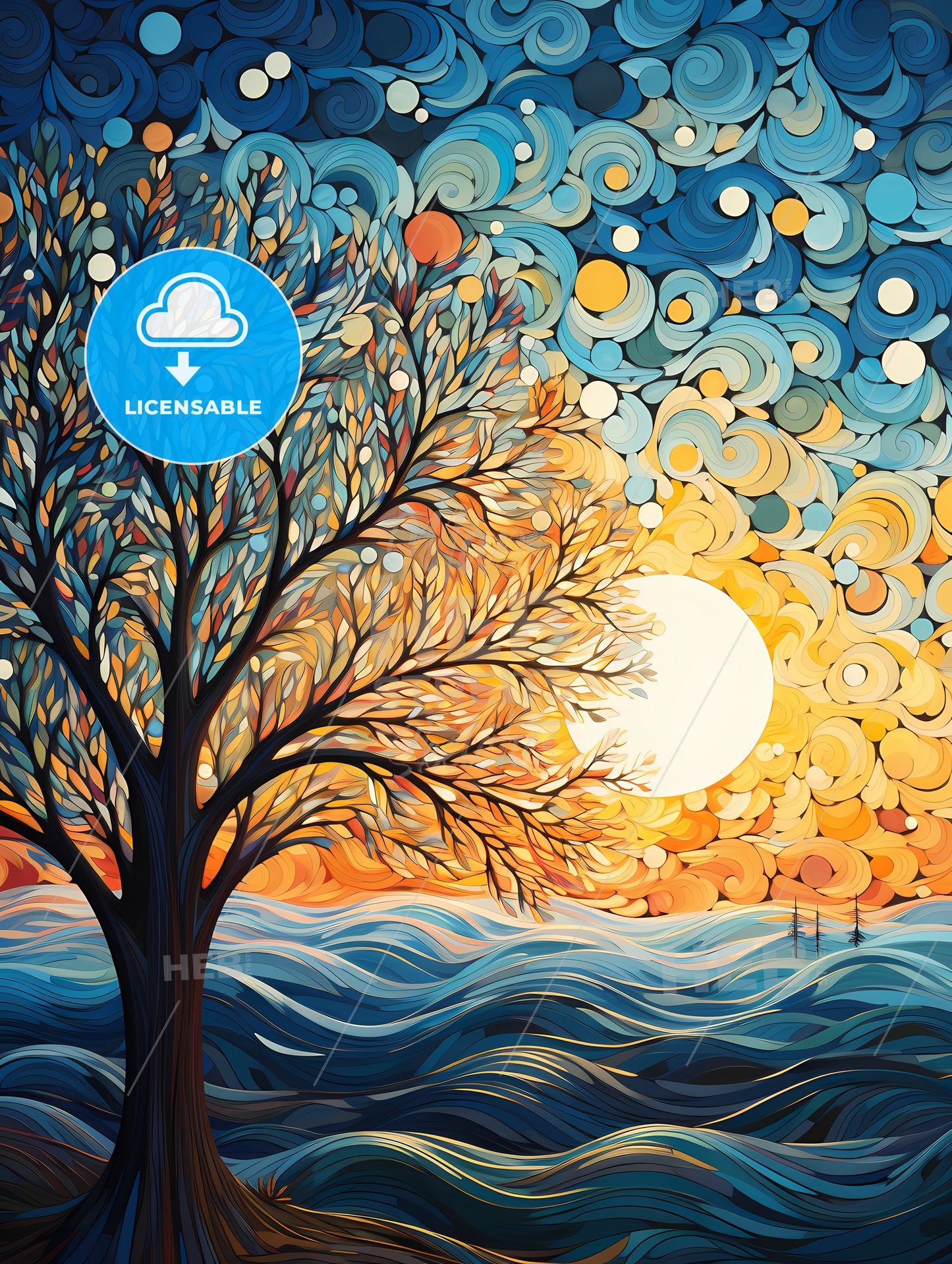 Background of 5 trees and blue sky